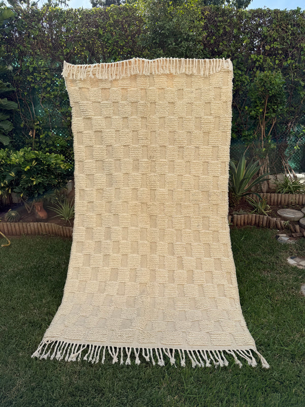 Tapis Berbère Azilal 100% Crème en Laine De Mouton 2,45m /1,37m
