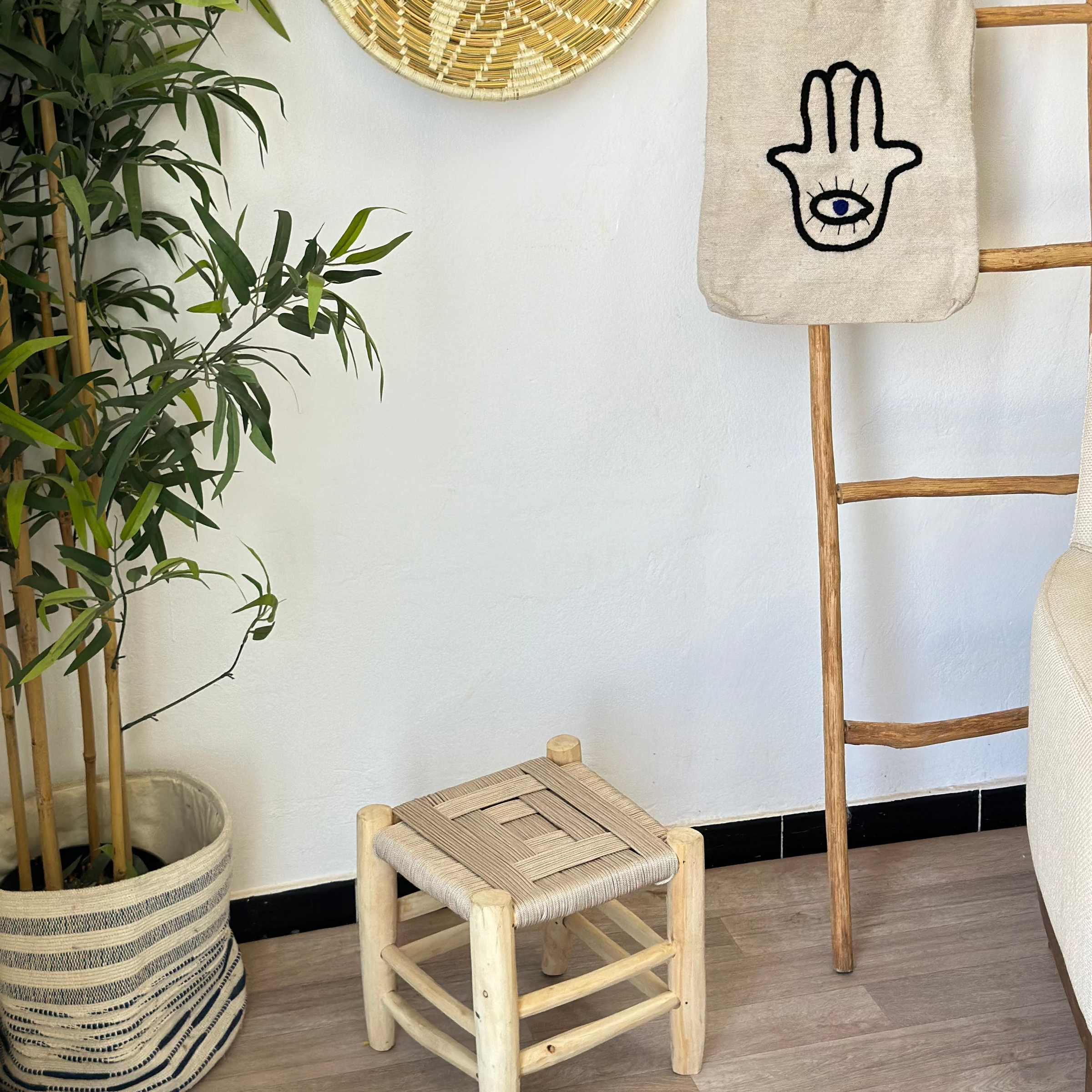 Tabouret traditionnel en bois et kittane crème petit - Ajbir
