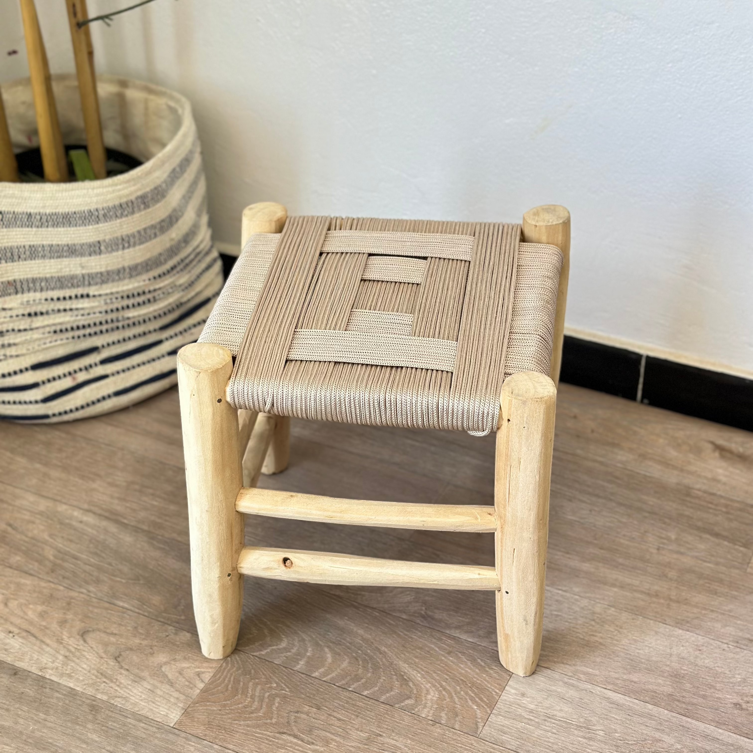 Tabouret traditionnel en bois et kittane crème petit - Ajbir