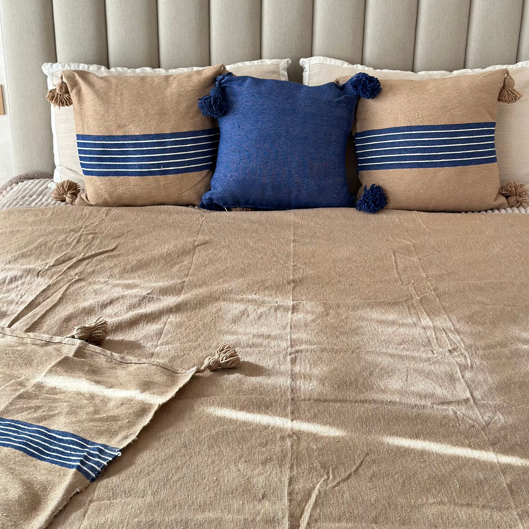 Housse de Coussin à pompons 45cmx45cm Bleu jean - Ajbir