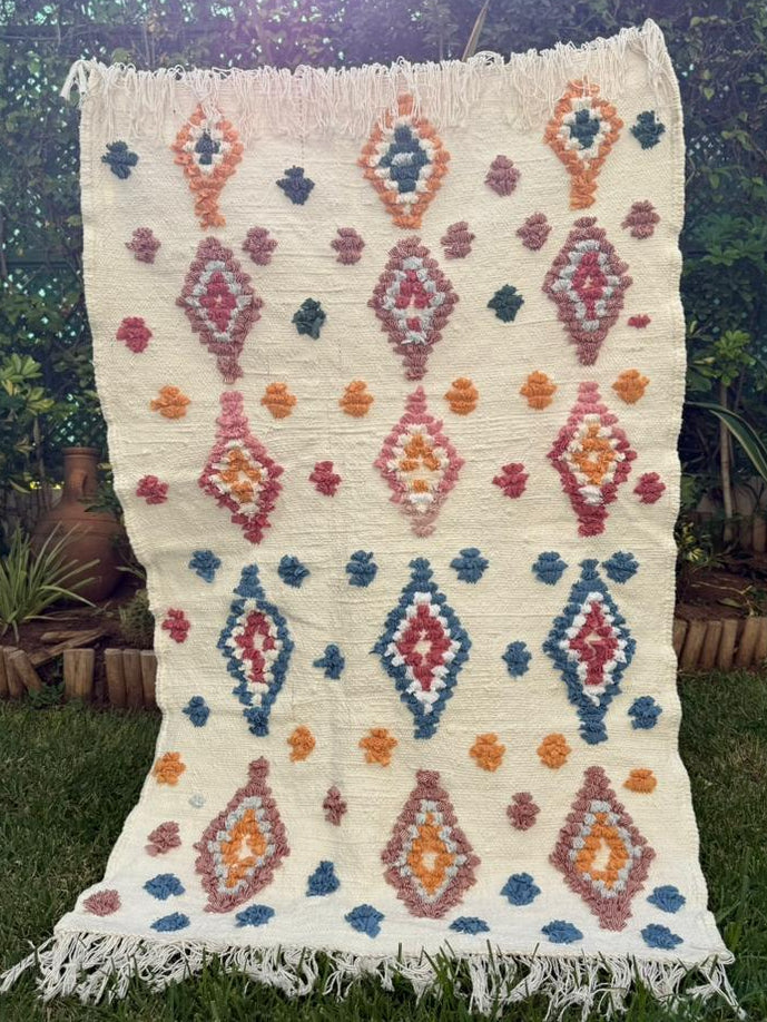 Tapis Berbère Azilal 100% Multicolore en Laine De Mouton 1,45m /92cm