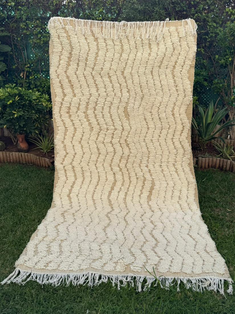 Tapis Berbère Azilal 100% Crème en Laine De Mouton 2,70m /1,40m