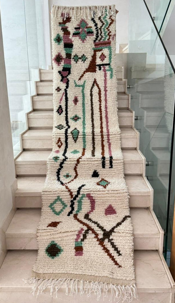 Tapis Berbère Runner Azilal 100% Multicolore en Laine De Mouton3,07m/71cm