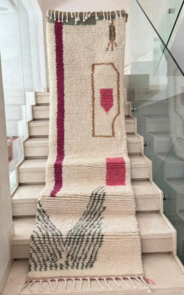 Tapis Berbère Runner Azilal 100% Crème, Fushia et gris en Laine De Mouton- 2,86m /79cm